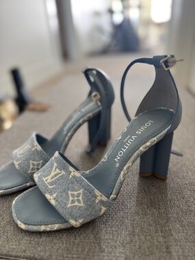 Louis Vuitton Blue Monogram Denim Block Heel Sandals with Ankle Strap